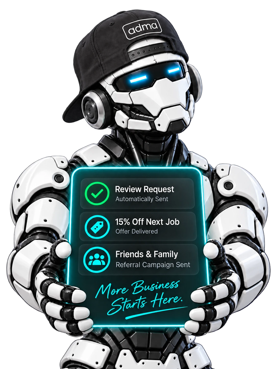 The ADMA robot celebrating, holding a status panel: review request sent, offer delivered, referral campaign sent
