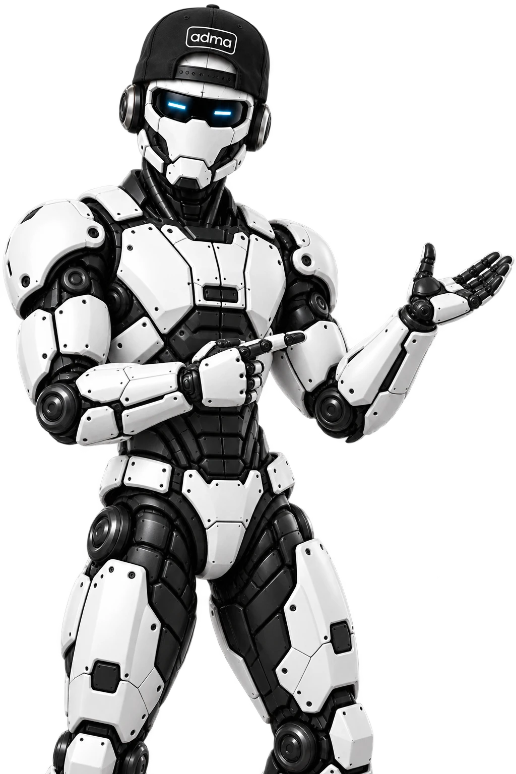 The ADMA robot, wearing an ADMA cap, gesturing with an open presenting hand