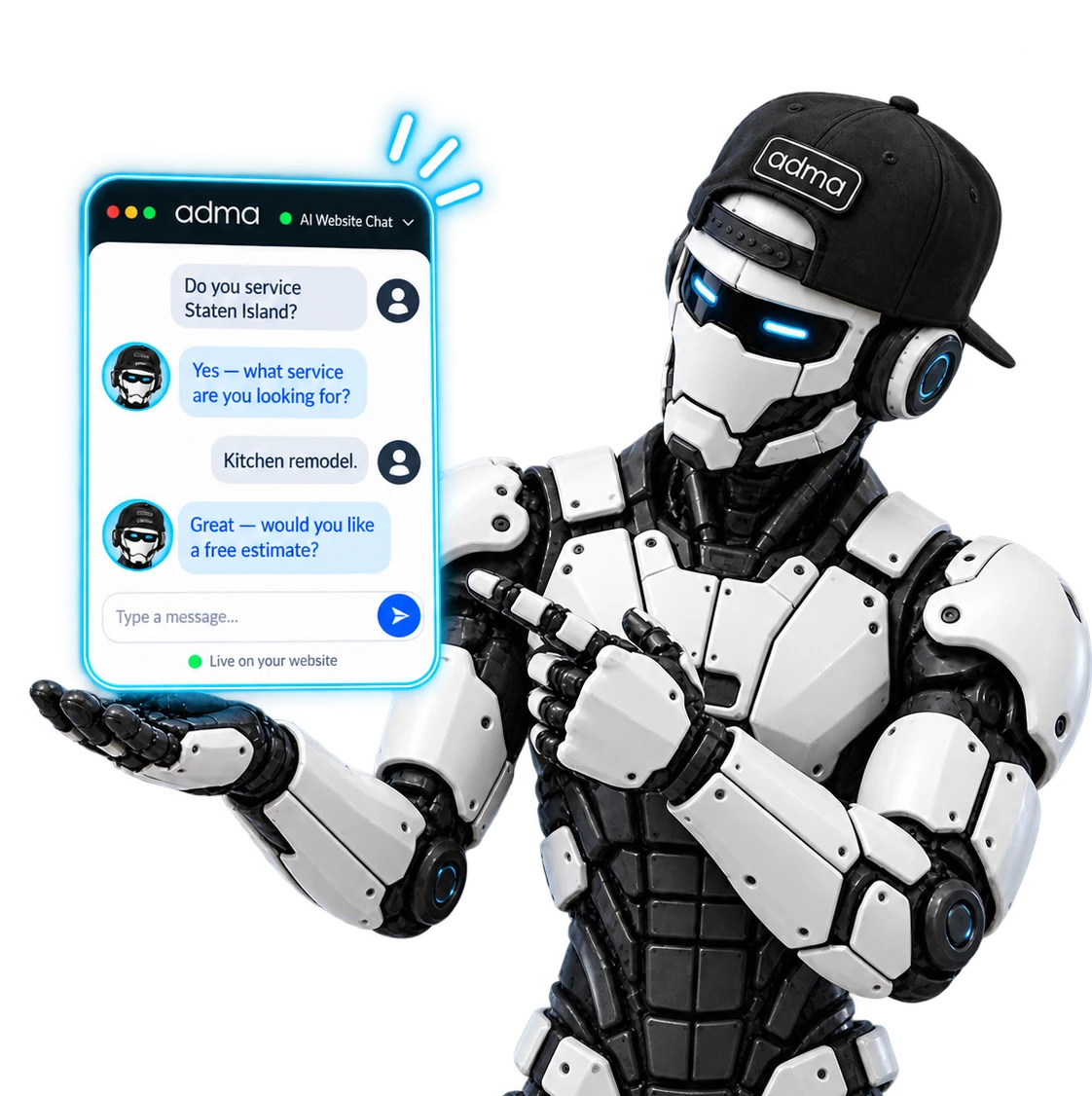 The ADMA robot pointing at a live AI Website Chat conversation on a website