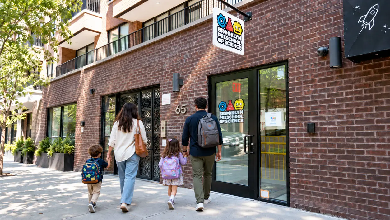 A family arriving at the Brooklyn Preschool of Science storefront entrance