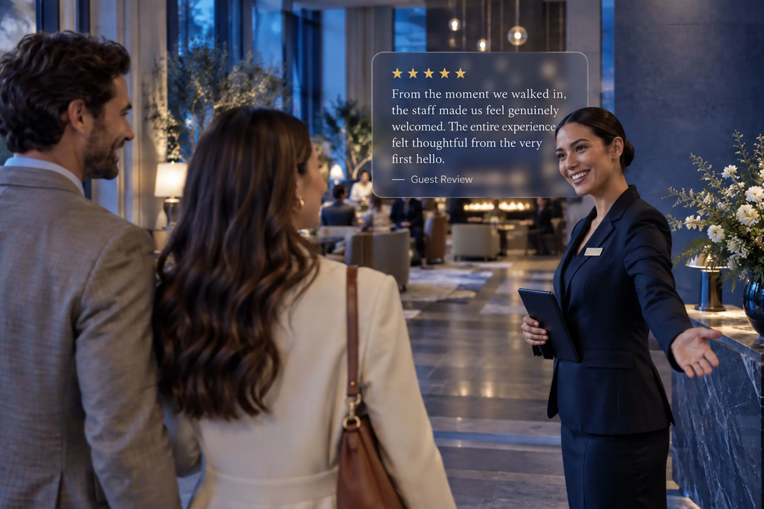 A hotel guest is welcomed and greeted by staff in a hotel lobby