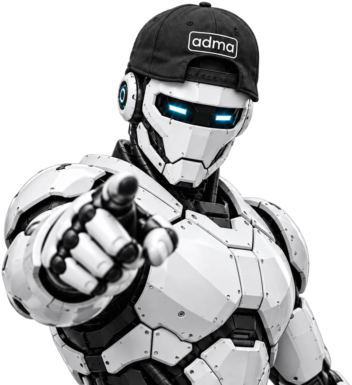 The ADMA robot, wearing an ADMA cap, pointing at the viewer