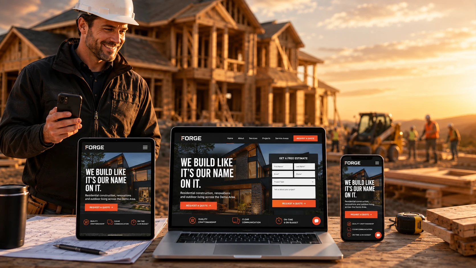 A contractor reviewing a smart website mockup on a laptop, tablet, and phone at a job site