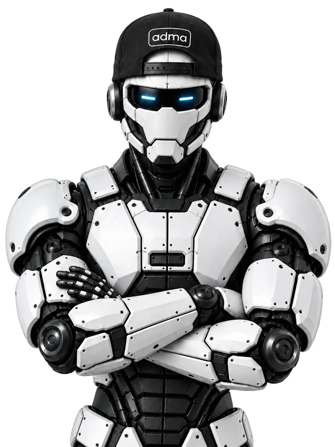 The ADMA robot, arms crossed, wearing an ADMA cap