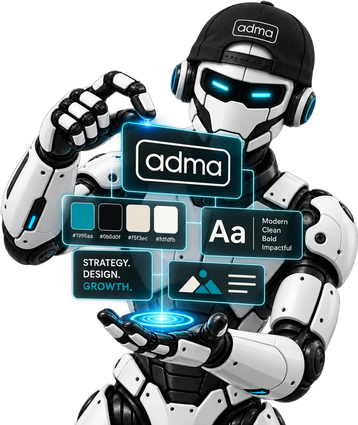 The ADMA robot, wearing an ADMA cap, presenting a brand identity system of logo, color, and typography