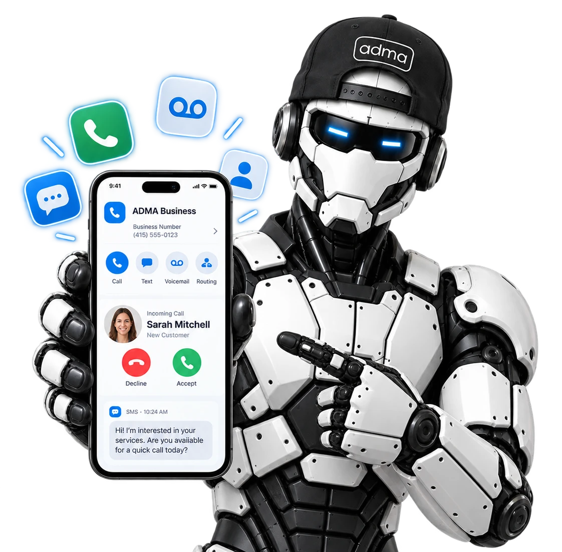 The ADMA robot holding a phone showing the ADMA Business number with call, text, voicemail, and routing options