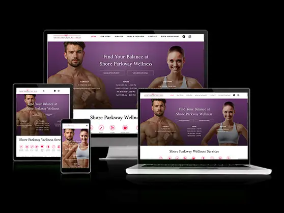 Shore Parkway Wellness website, shown across desktop, laptop, tablet, and mobile