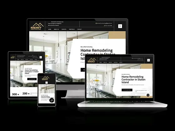 Merit Contracting website, shown across desktop, laptop, tablet, and mobile