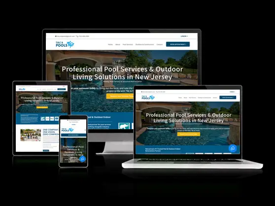 TBC & Pools website, shown across desktop, laptop, tablet, and mobile