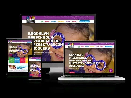 Brooklyn Preschool of Science website, shown across desktop, laptop, tablet, and mobile