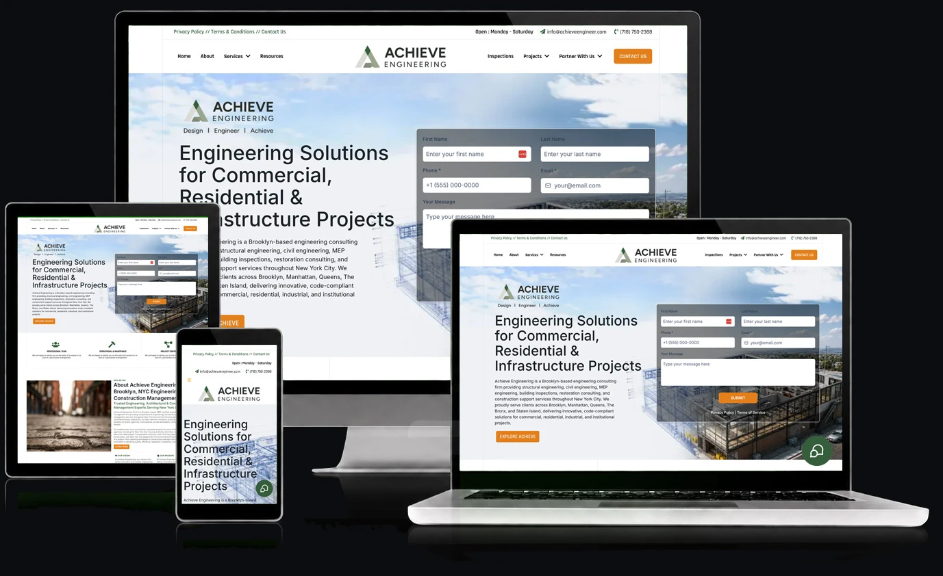 Achieve Engineering website, shown across desktop, laptop, tablet, and mobile