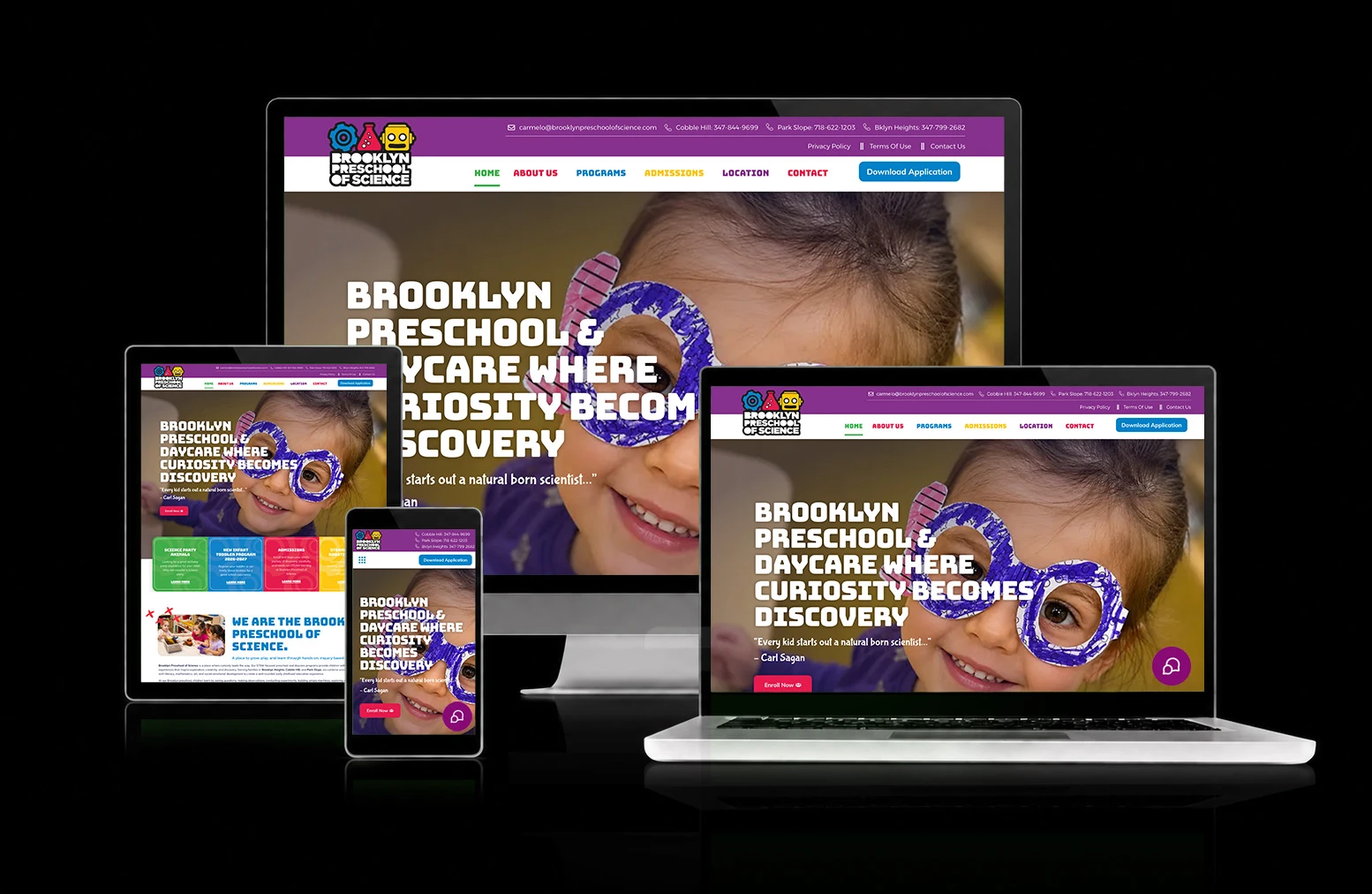 Brooklyn Preschool of Science website, shown across desktop, laptop, tablet, and mobile