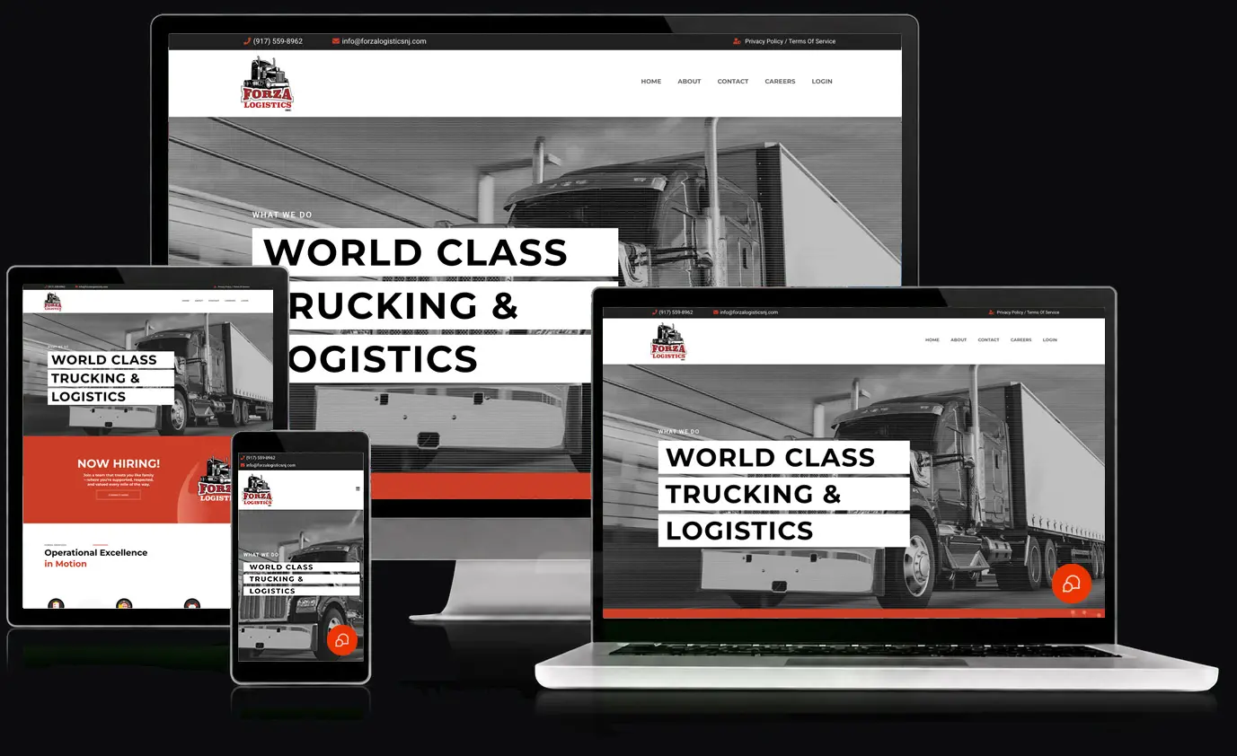 Forza Logistics website, shown across desktop, laptop, tablet, and mobile