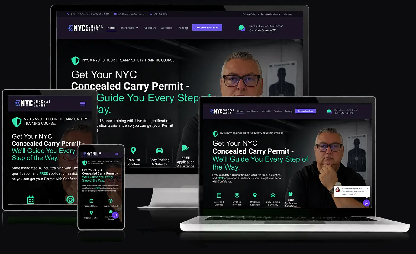 NYC Conceal Carry website, shown across desktop, laptop, tablet, and mobile
