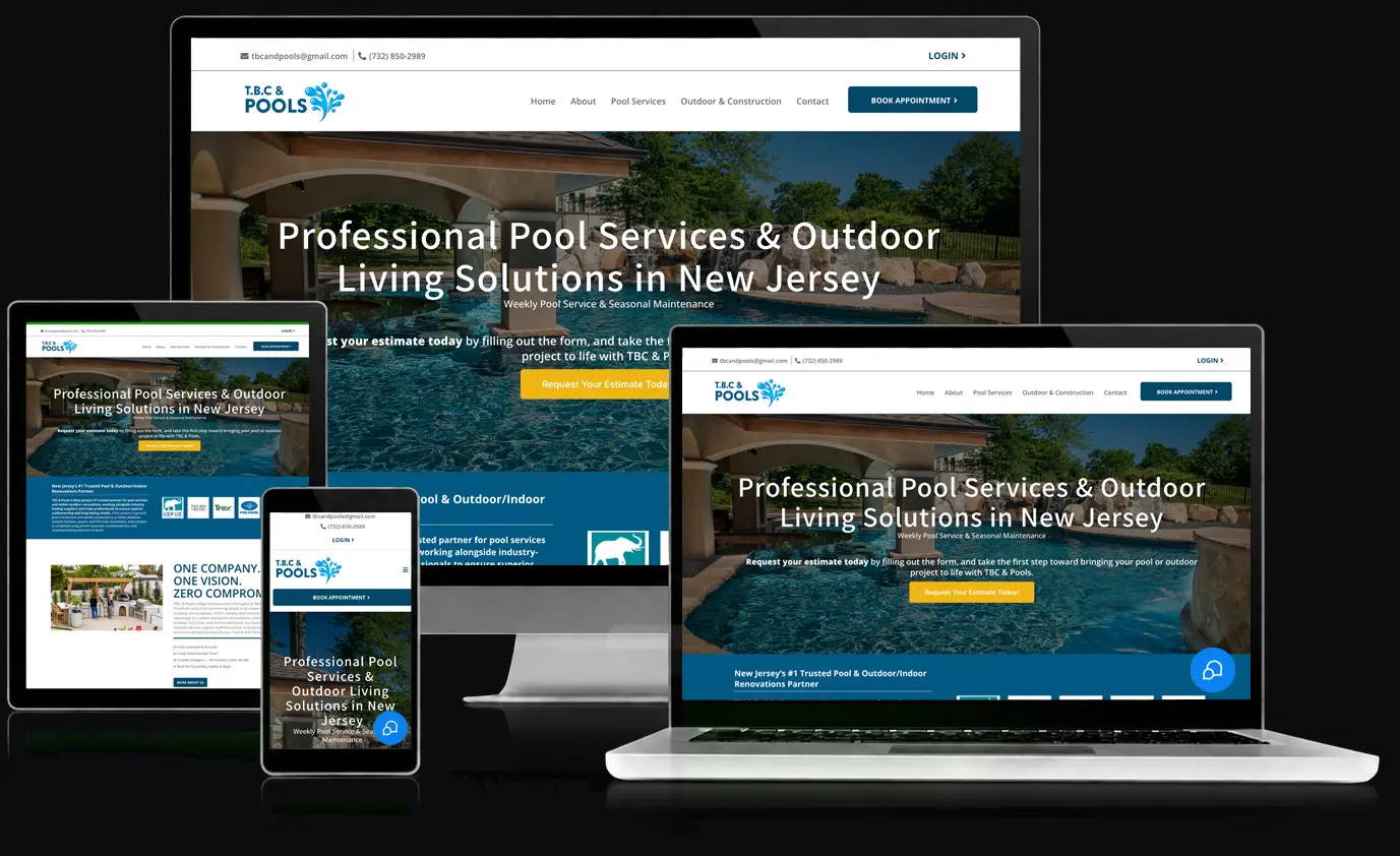 TBC & Pools website, shown across desktop, laptop, tablet, and mobile