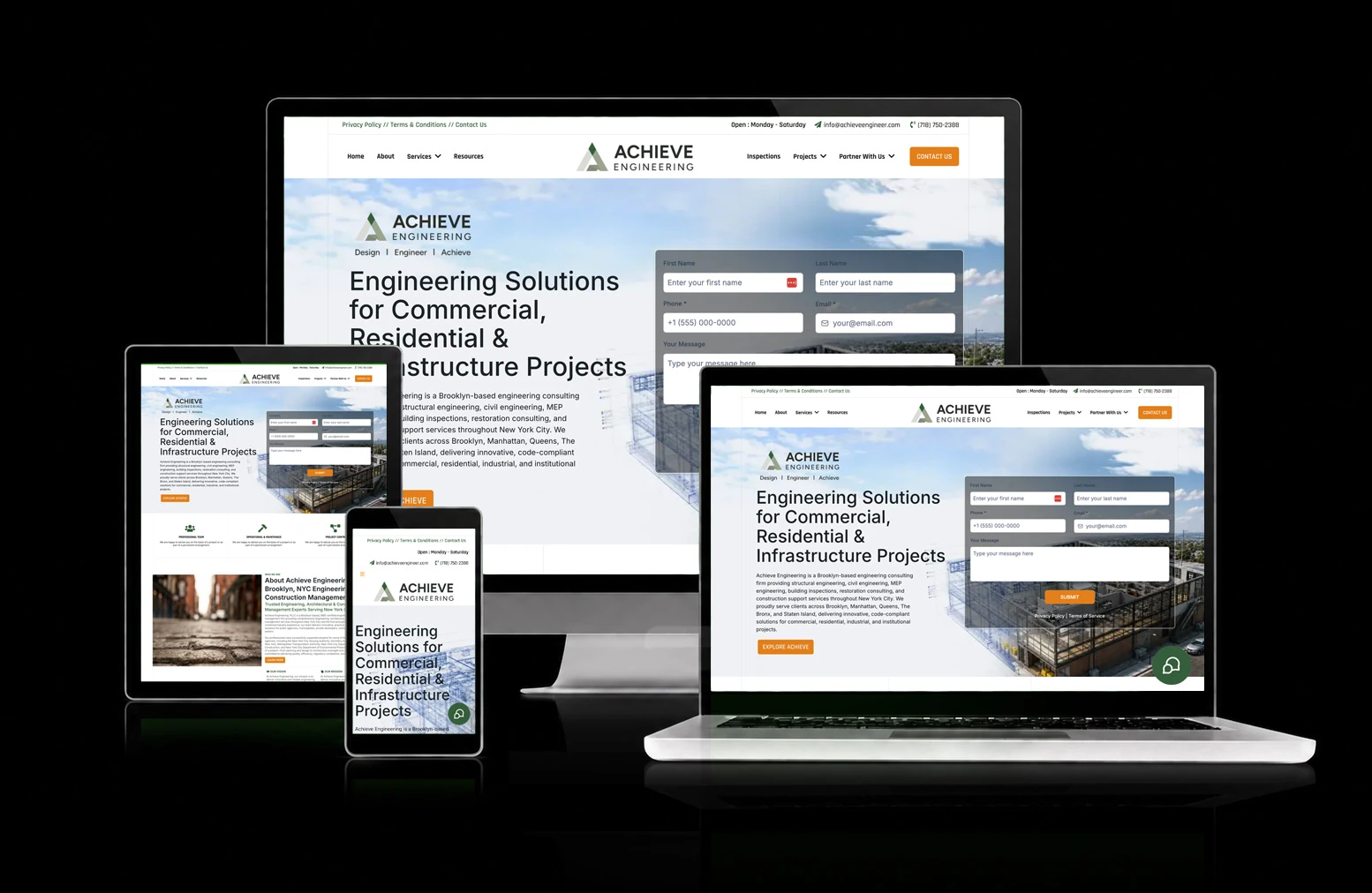 Achieve Engineering website, shown across desktop, laptop, tablet, and mobile