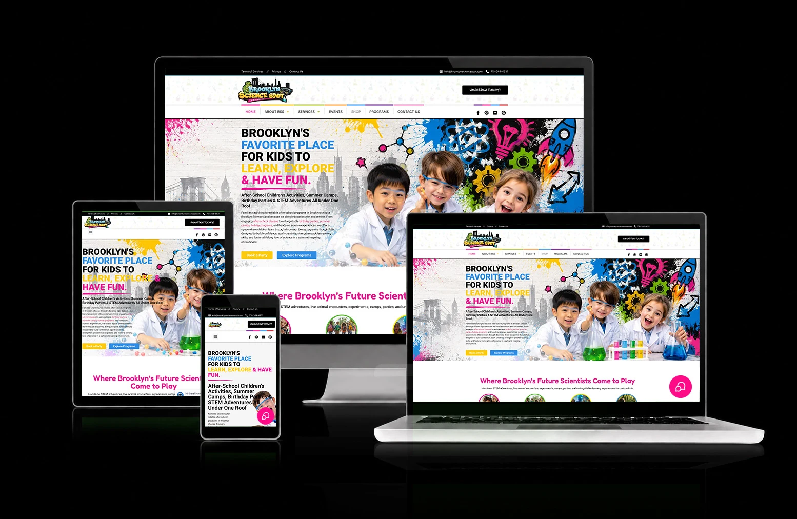 Brooklyn Science Spot website, shown across desktop, laptop, tablet, and mobile