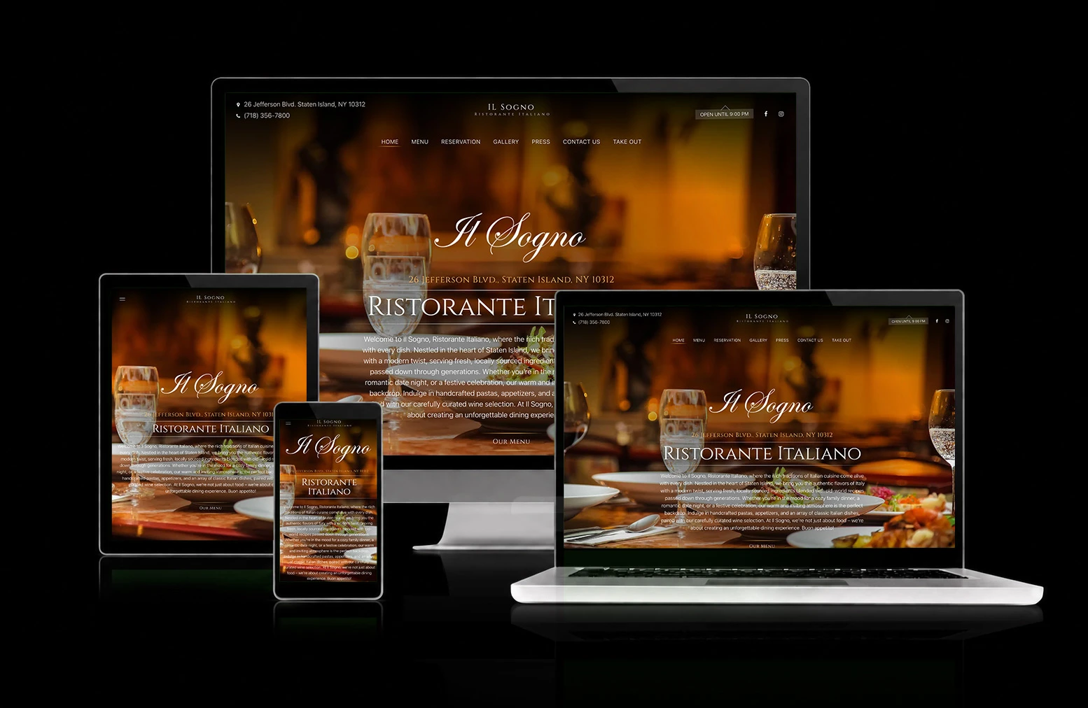 Il Sogno website, shown across desktop, laptop, tablet, and mobile