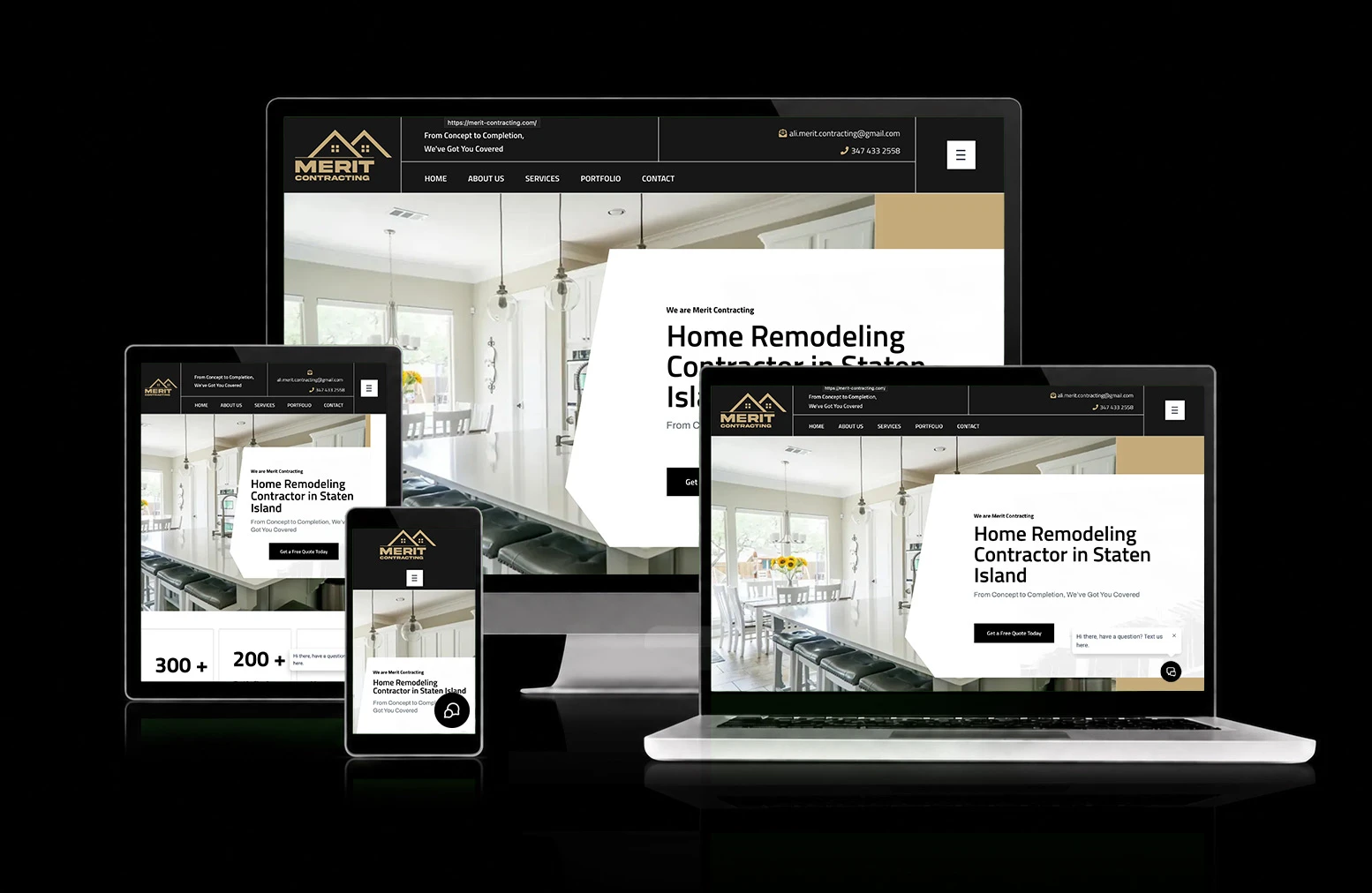 Merit Contracting website, shown across desktop, laptop, tablet, and mobile