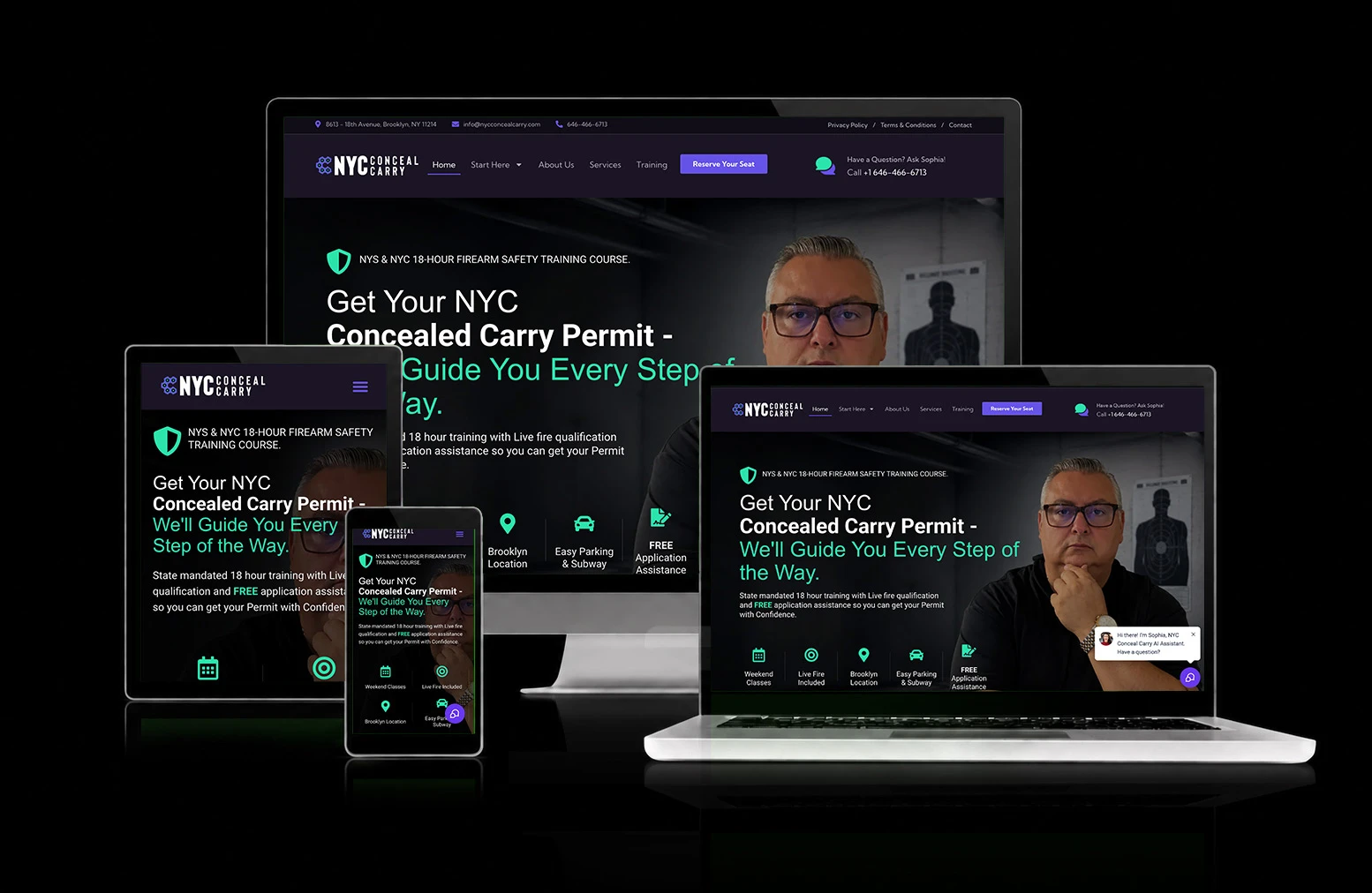 NYC Conceal Carry website, shown across desktop, laptop, tablet, and mobile