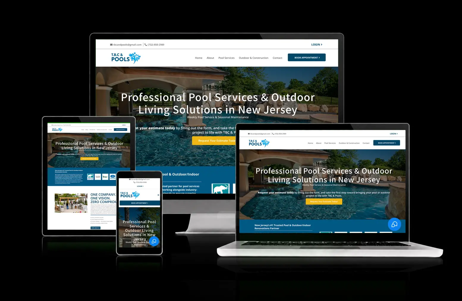 TBC & Pools website, shown across desktop, laptop, tablet, and mobile