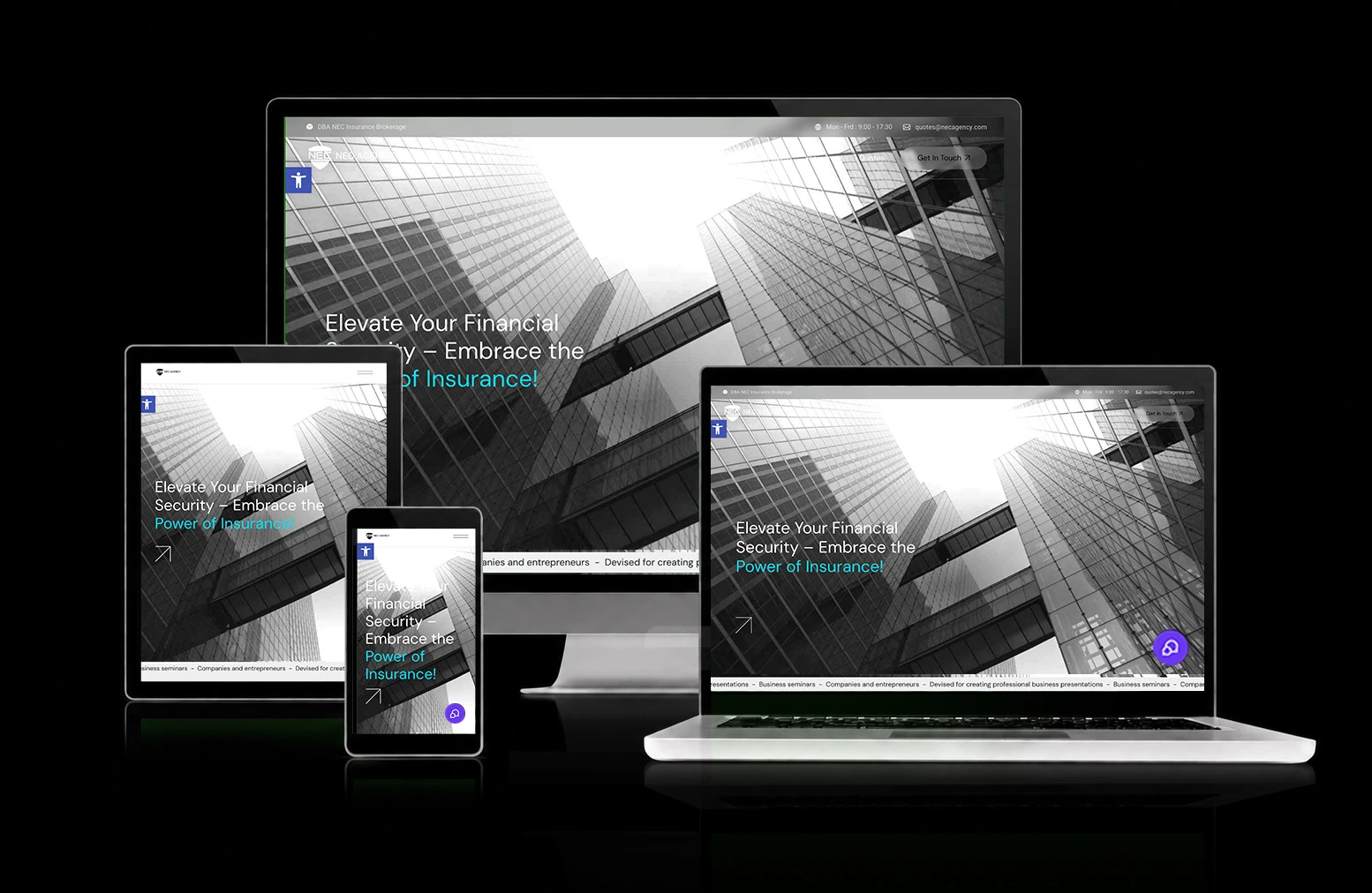 NEC Agency website, shown across desktop, laptop, tablet, and mobile