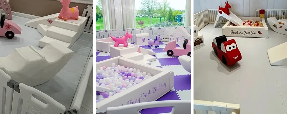 Real Colie's Climbers party setup photos, including soft play and themed installations