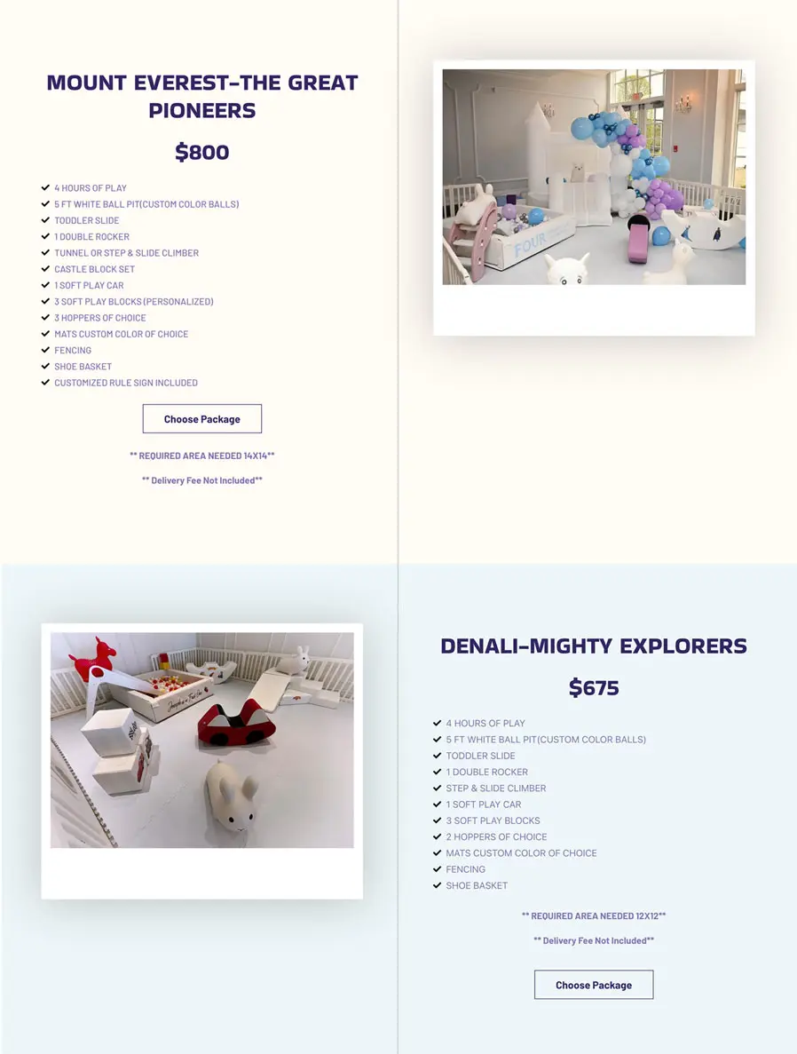Colie's Climbers real packages page, showing Soft Play package options with pricing, details, and real setup photos