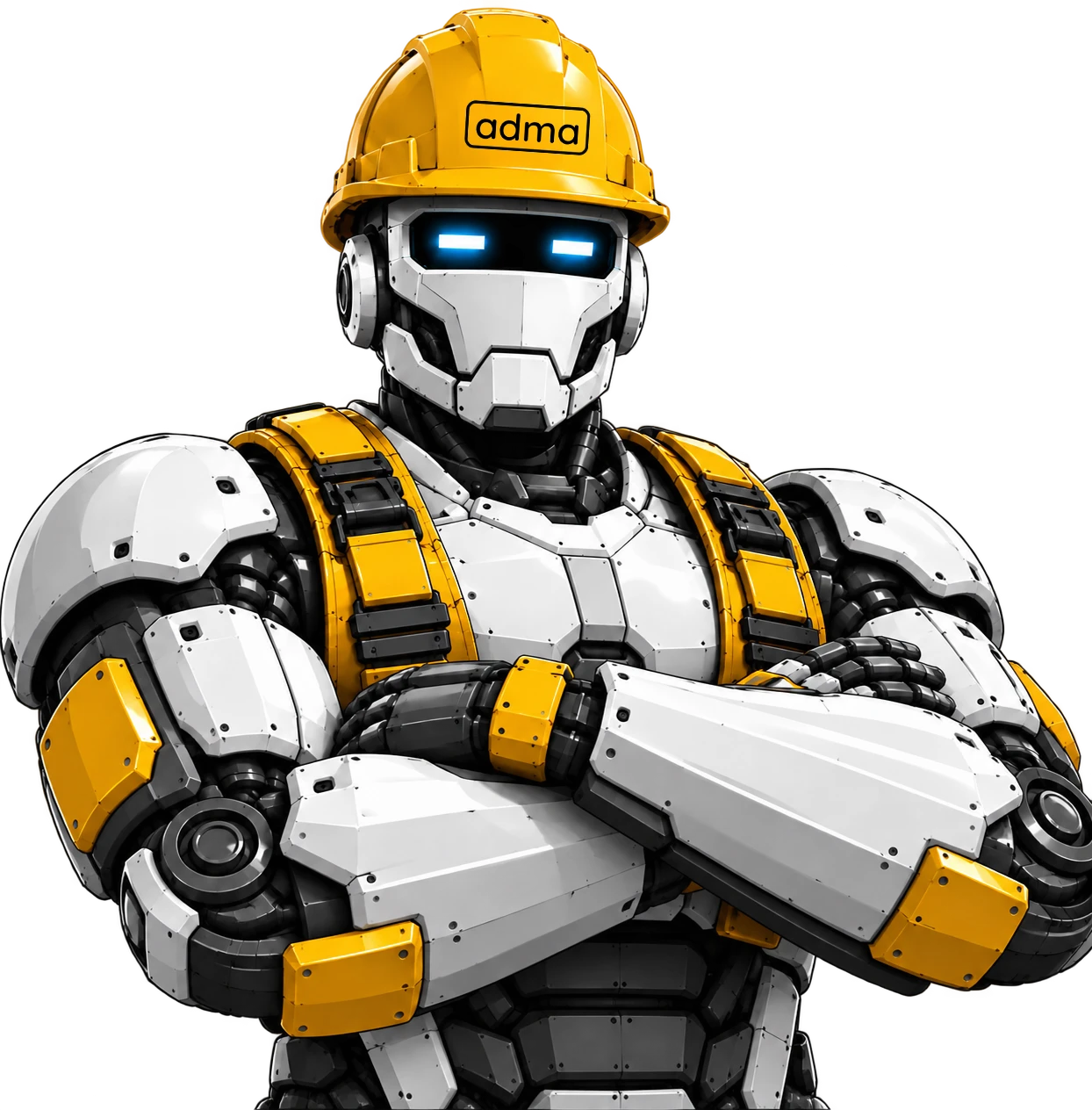 The ADMA robot, wearing a yellow hard hat, arms crossed, built for contractors and home service businesses