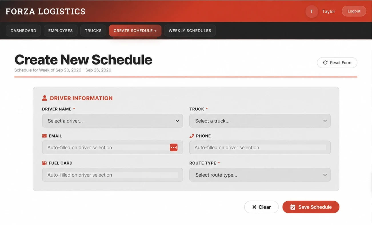 Forza Logistics schedule creation dashboard, recreated with anonymized sample data