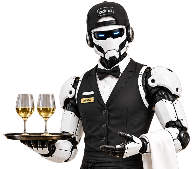 The ADMA robot, dressed as a waiter with a bow tie, carrying a tray of wine glasses, built for hospitality businesses