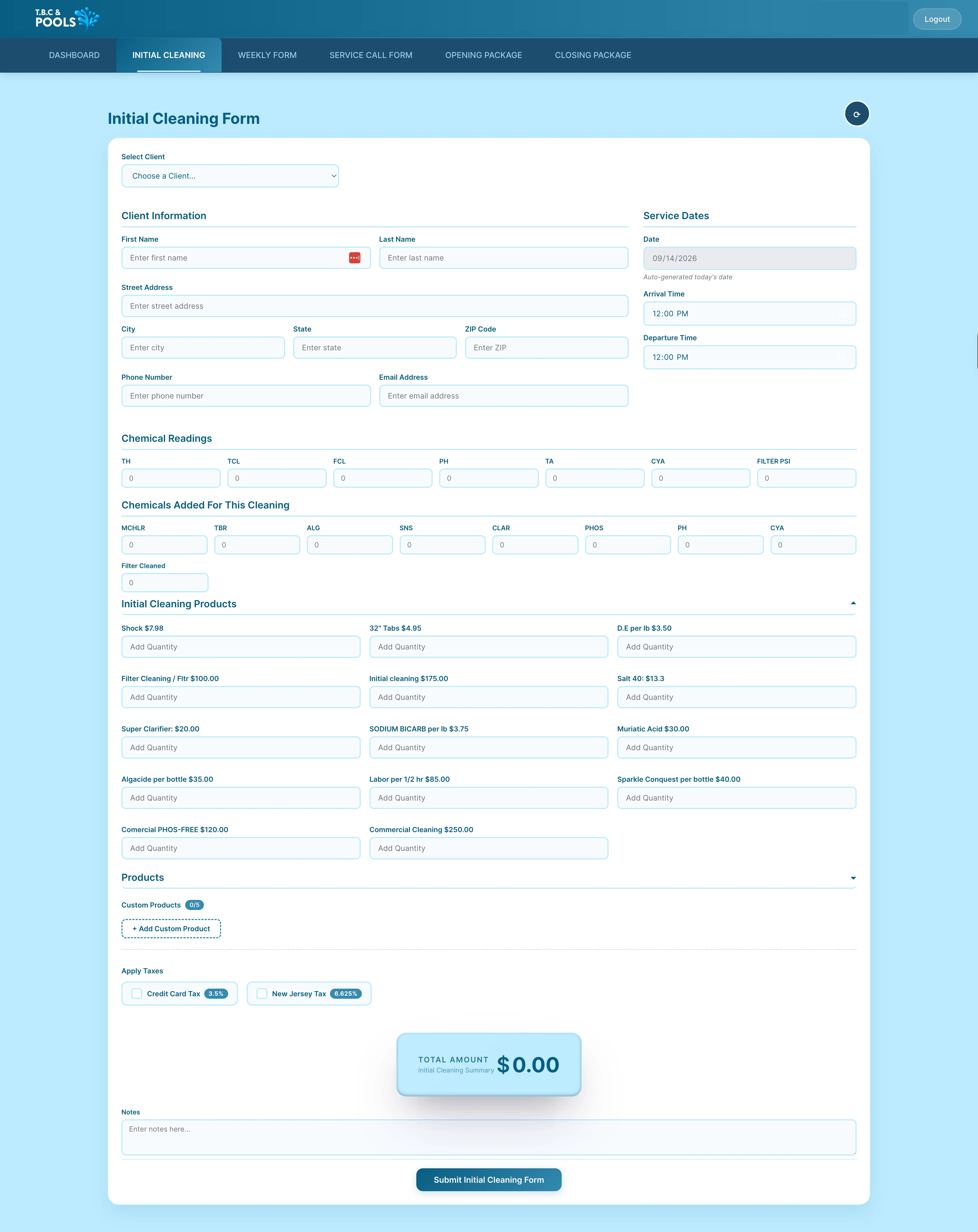 TBC & Pools Initial Cleaning form