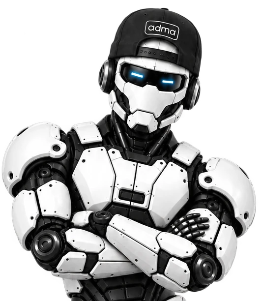 The ADMA robot, wearing an ADMA cap, with arms crossed
