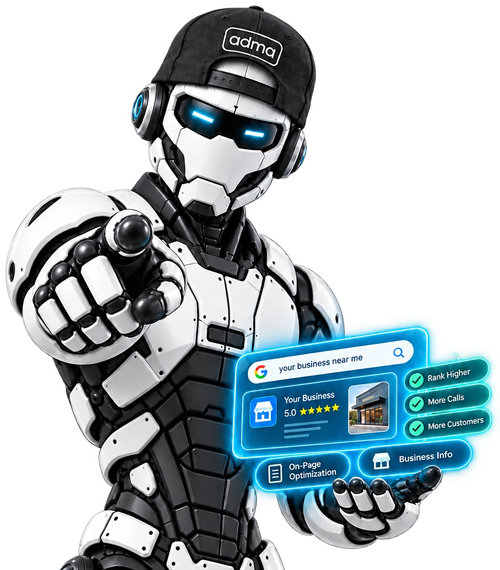 The ADMA robot, wearing an ADMA cap, pointing at the viewer