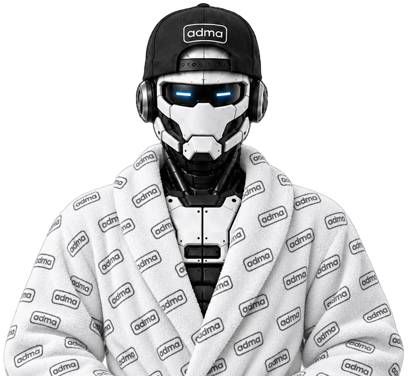 The ADMA robot wearing a plush white spa robe