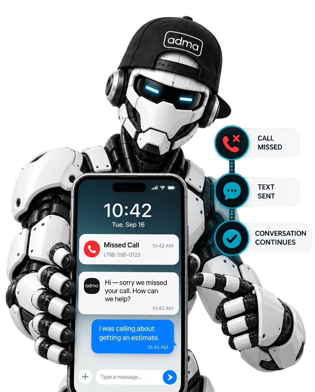 The ADMA robot holding a phone showing a missed call turning into a text conversation