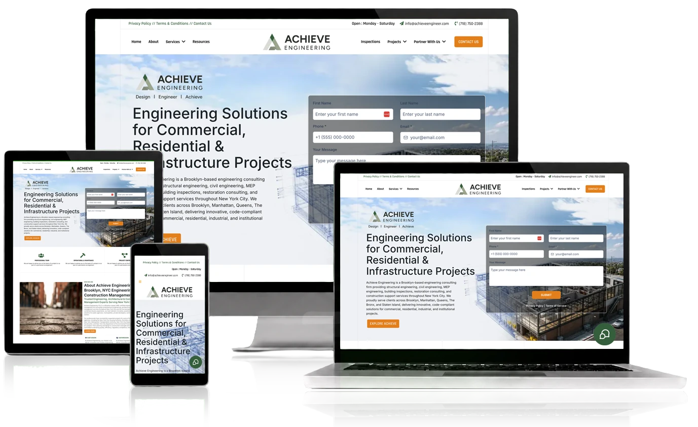 Achieve Engineering website, shown across desktop, laptop, tablet, and mobile