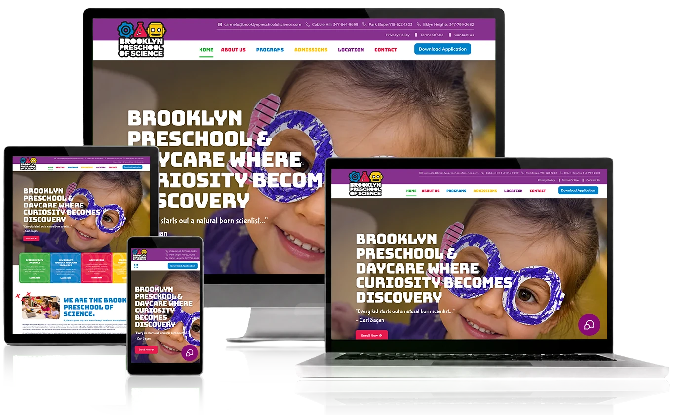 Brooklyn Preschool of Science website, shown across desktop, laptop, tablet, and mobile