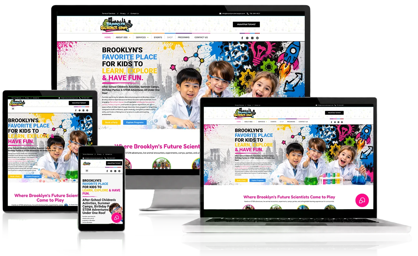 Brooklyn Science Spot website, shown across desktop, laptop, tablet, and mobile