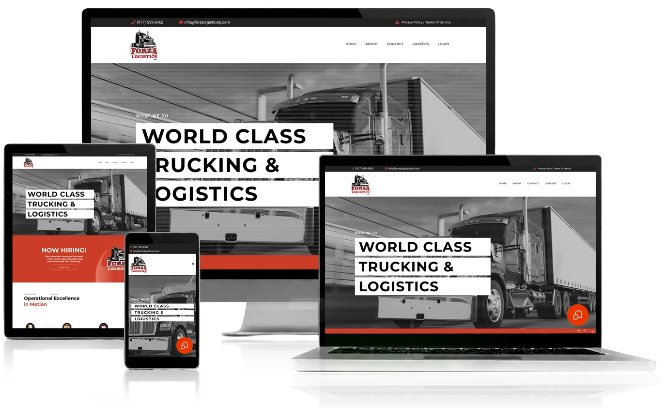 Forza Logistics website, shown across desktop, laptop, tablet, and mobile