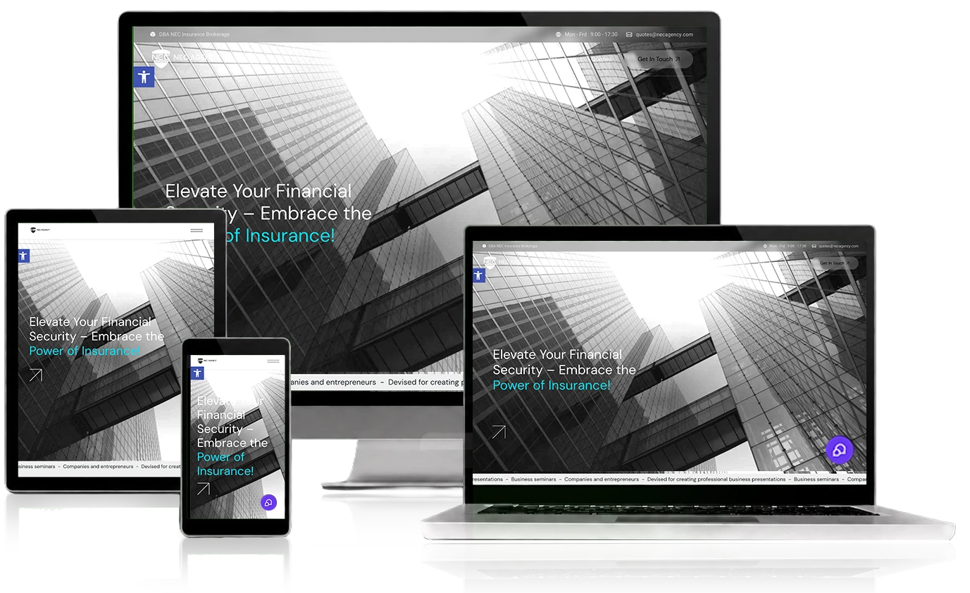 NEC Agency website, shown across desktop, laptop, tablet, and mobile