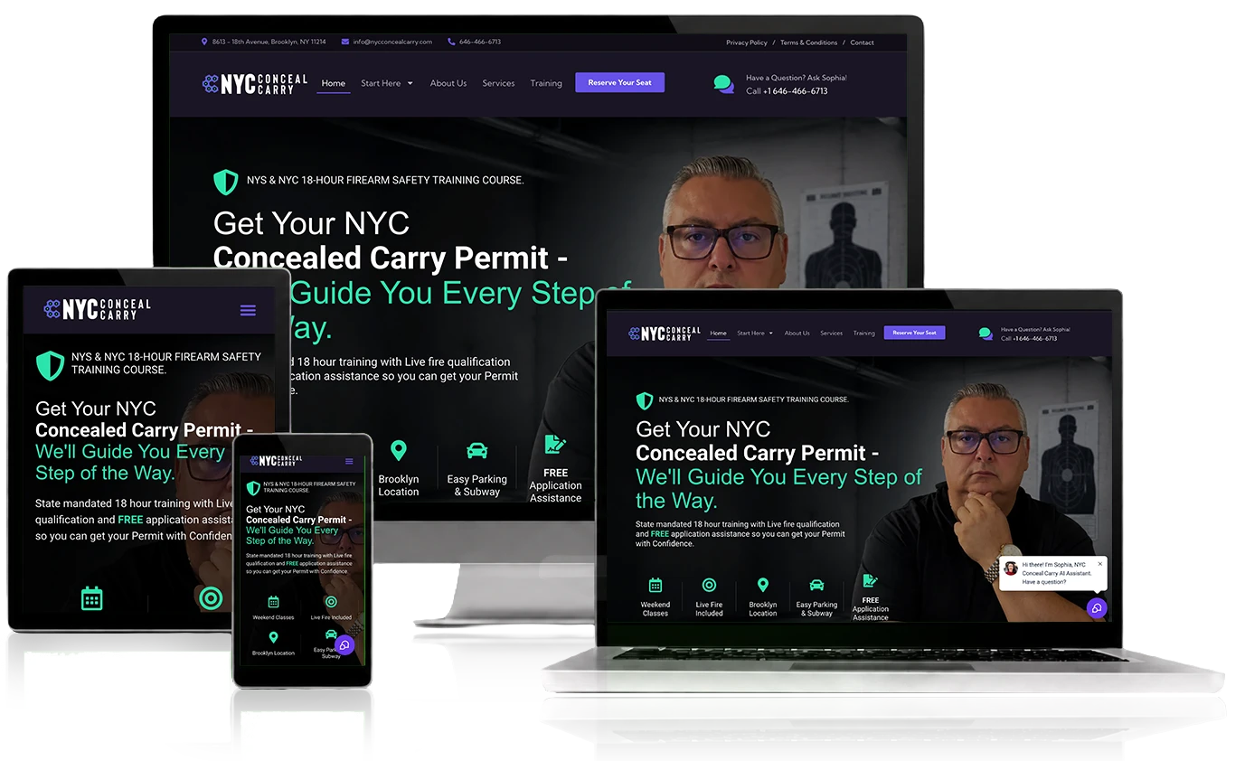 NYC Conceal Carry website, shown across desktop, laptop, tablet, and mobile