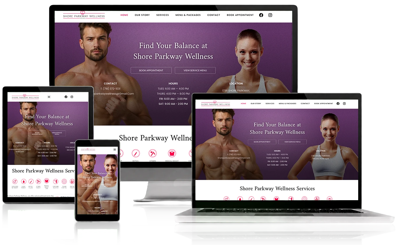 Shore Parkway Wellness website, shown across desktop, laptop, tablet, and mobile