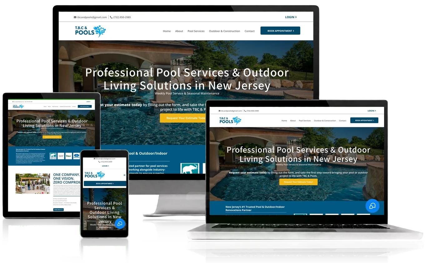 TBC & Pools website, shown across desktop, laptop, tablet, and mobile