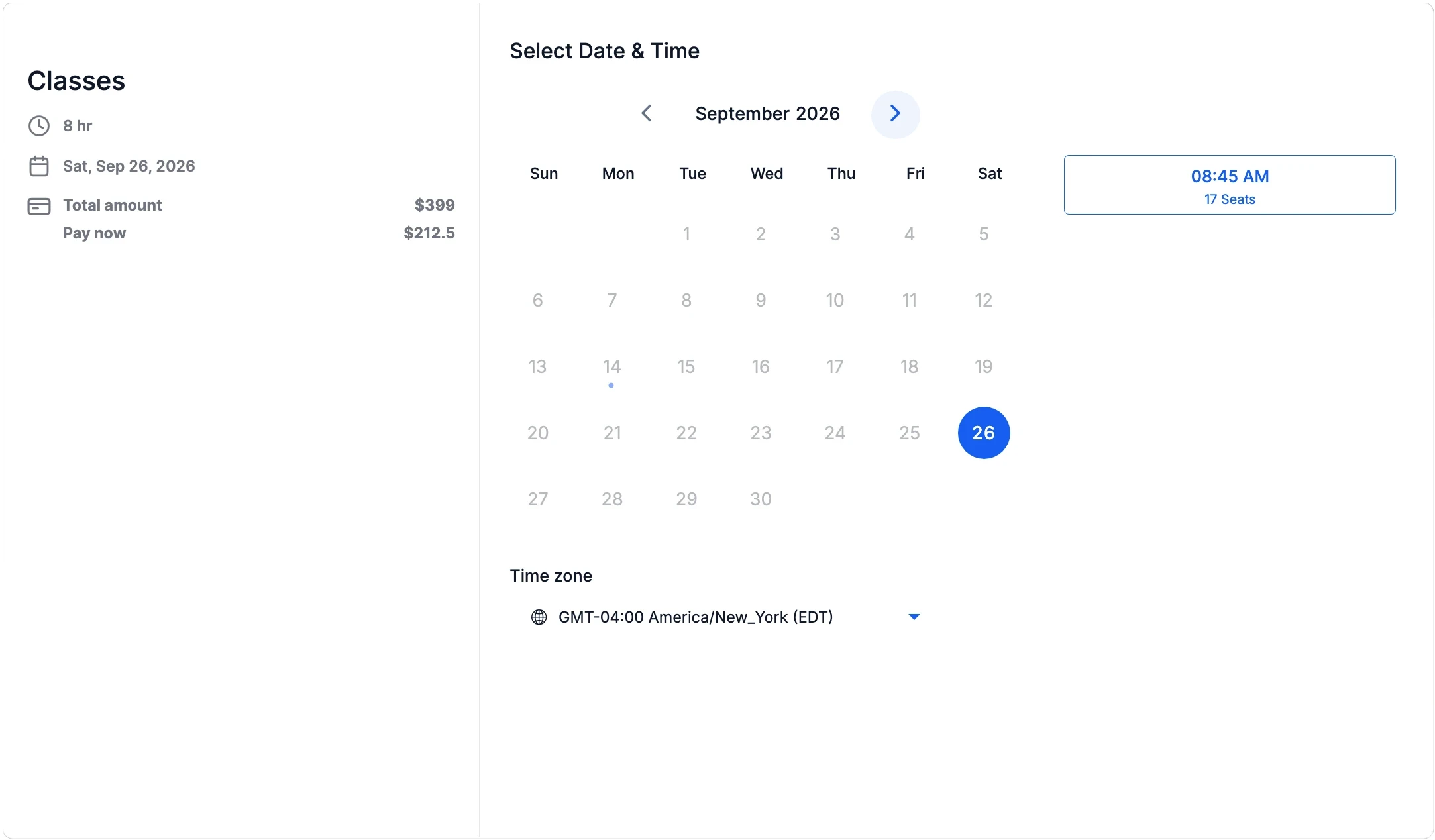 The real NYC Conceal Carry class registration calendar, showing an available class date, time slot, and seat count