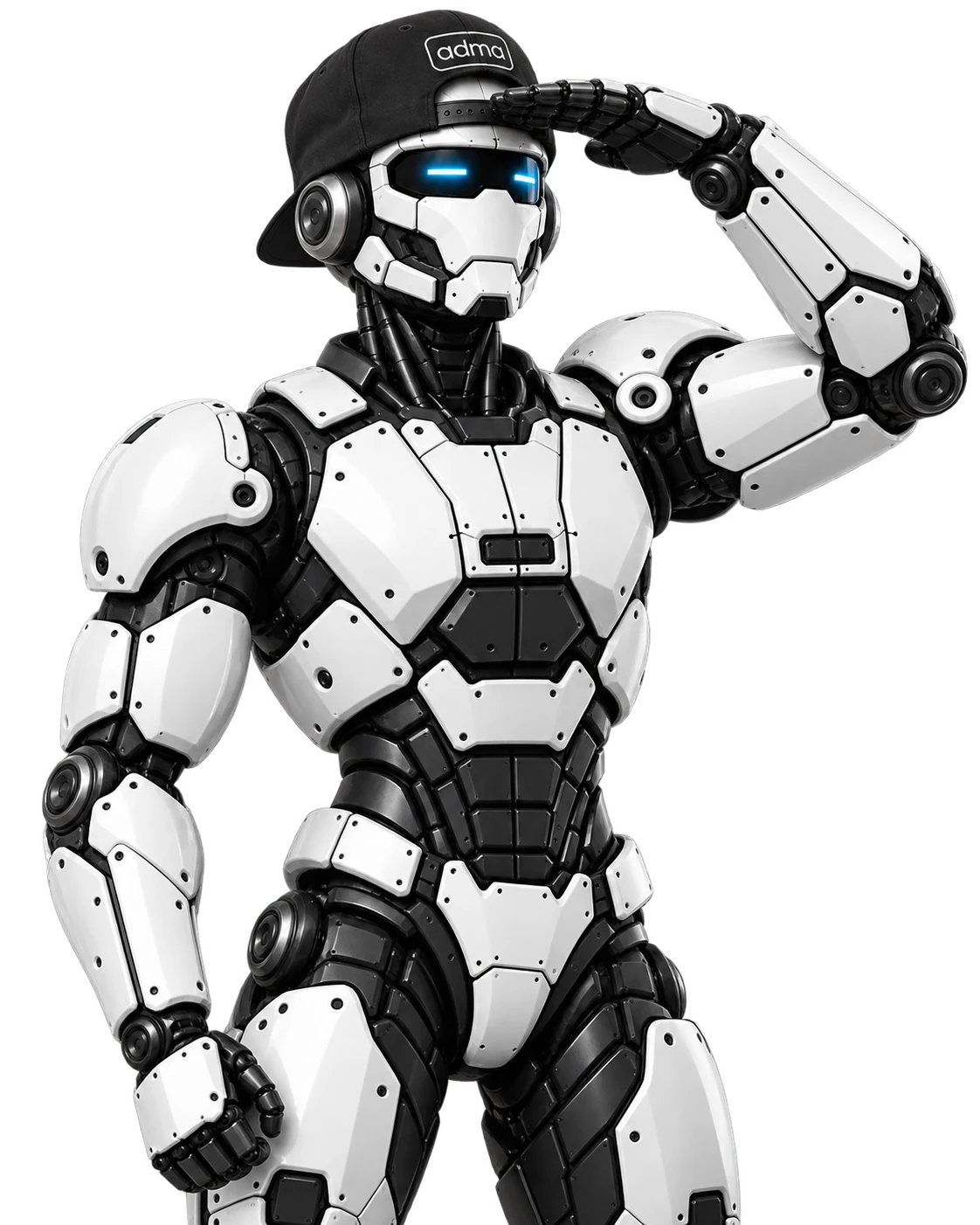 The ADMA robot, wearing an ADMA cap, saluting