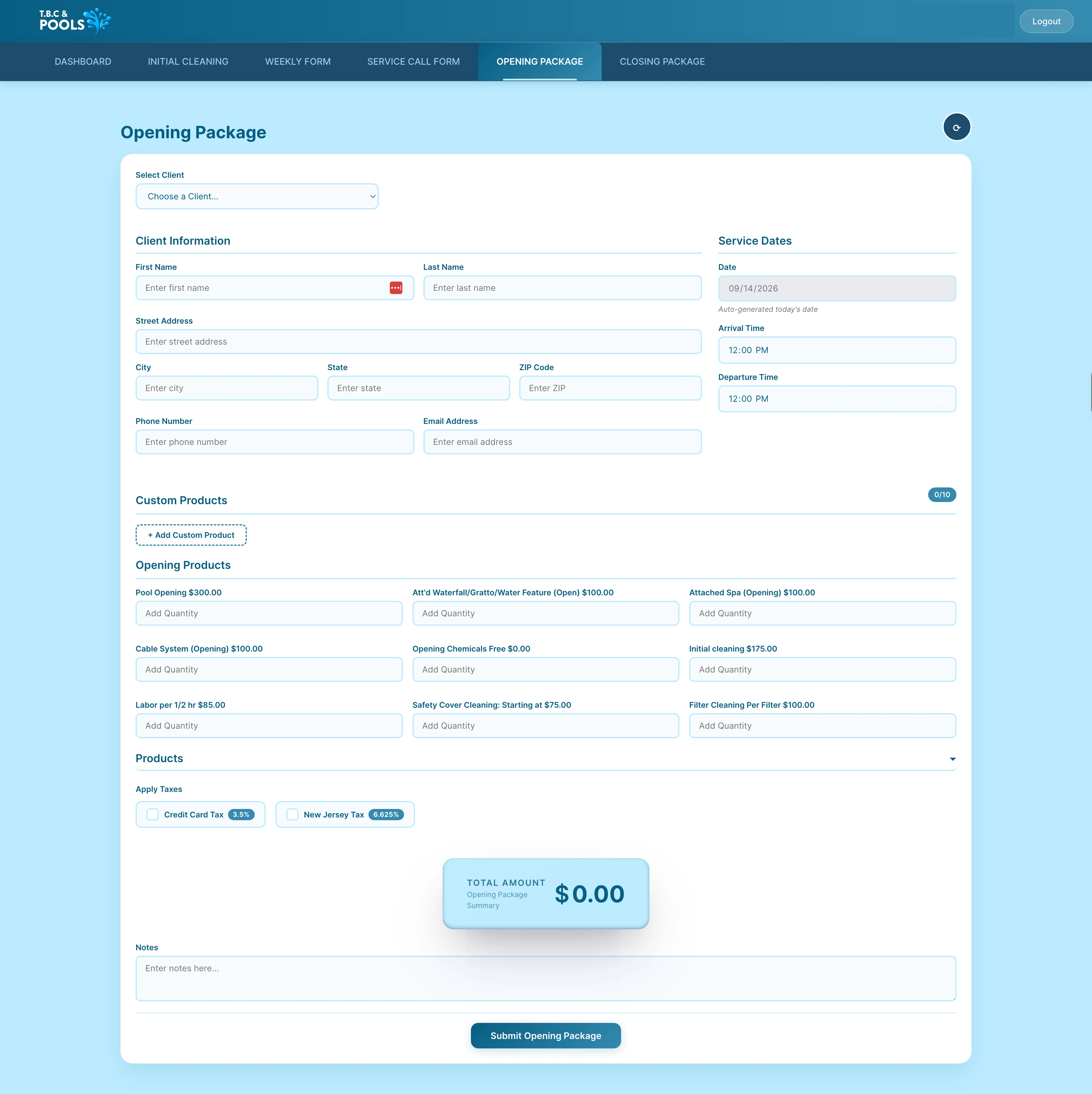 TBC & Pools Opening Package form