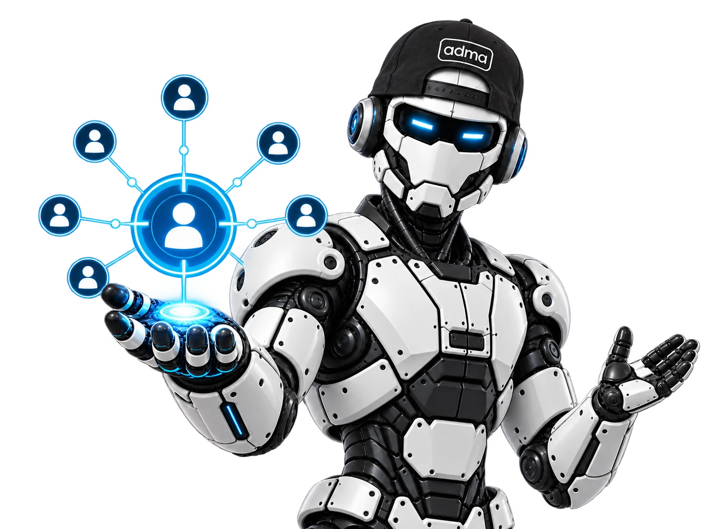 The ADMA robot, wearing an ADMA cap, presenting a lead-generation targeting graphic