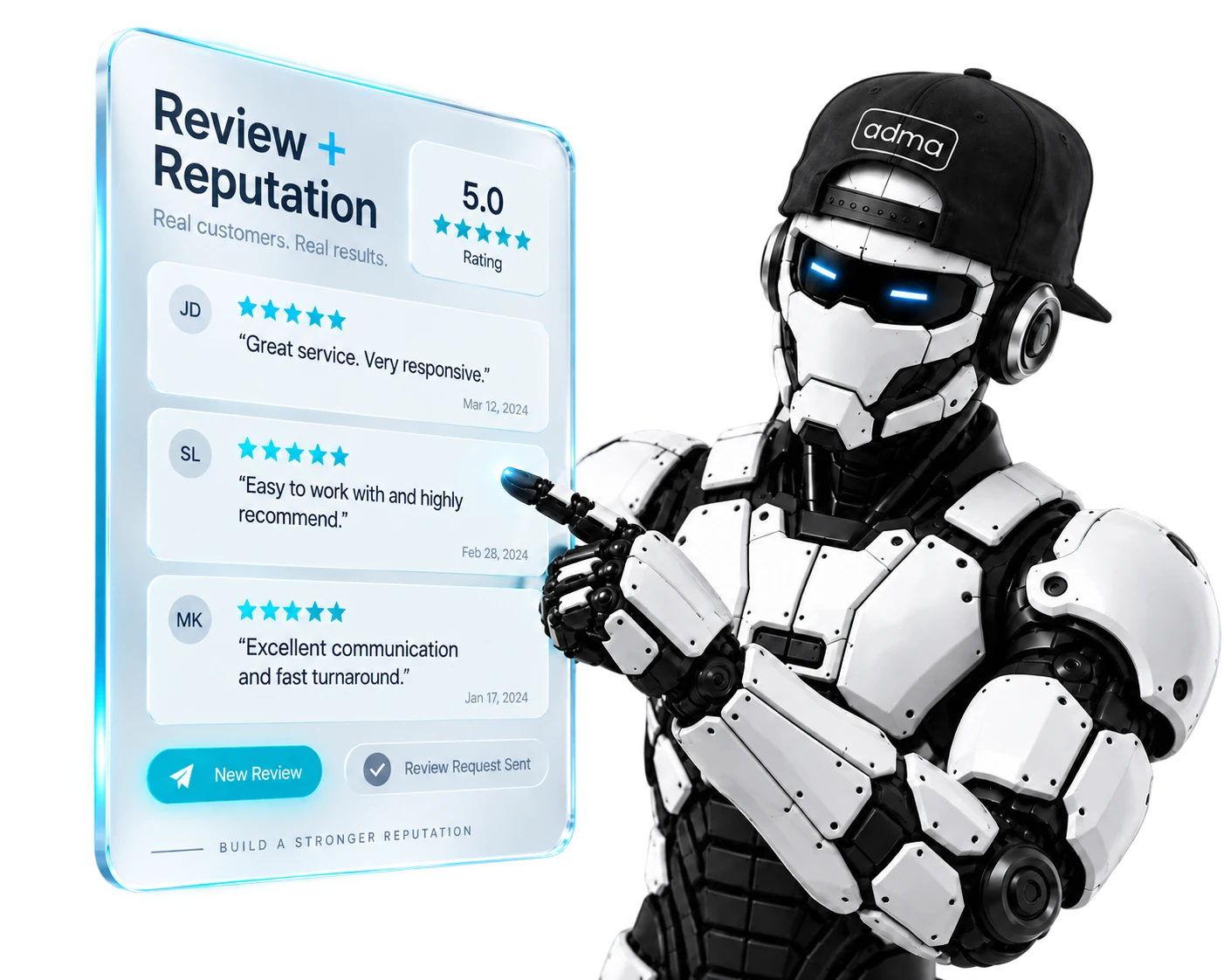 The ADMA robot pointing at a 5-Star Review Funnel panel showing star ratings and customer reviews