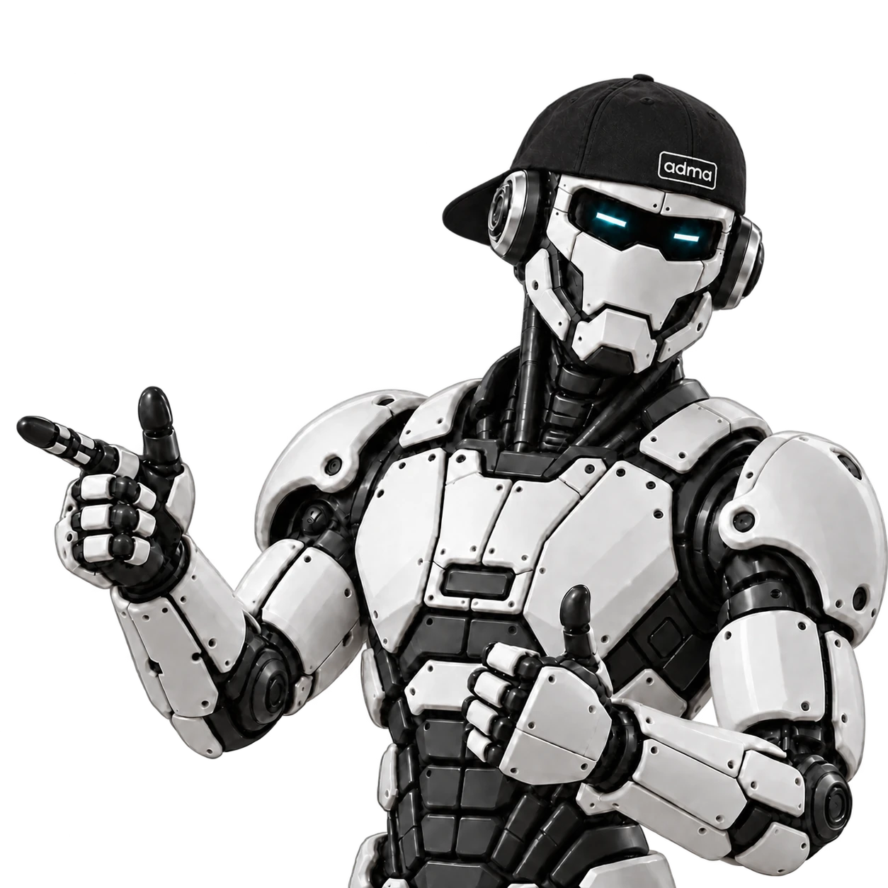 The ADMA robot, wearing a backward ADMA cap, pointing and giving a thumbs up